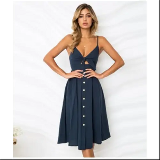 Elegant navy blue summer dress with sleeveless and backless design, featuring a plunging neckline and a flared skirt.