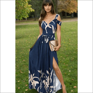 Elegant Navy Blue Floral Print Maxi Dress for Formal Events