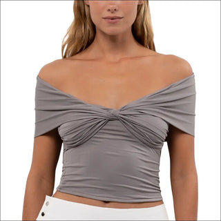 Elegant Off-Shoulder Ruched Knit Crop Top - Gray / L