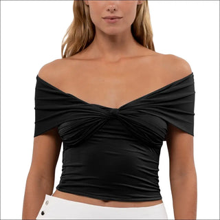 Elegant Off-Shoulder Ruched Knit Crop Top - Black / L