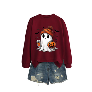 Fashion Long Sleeve Milk Tea Pumpkin Bat Printed Crew Neck