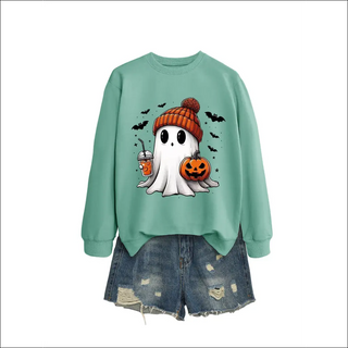 Fashion Long Sleeve Milk Tea Pumpkin Bat Printed Crew Neck