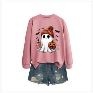 Fashion Long Sleeve Milk Tea Pumpkin Bat Printed Crew Neck