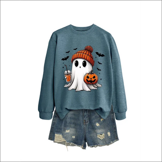 Fashion Long Sleeve Milk Tea Pumpkin Bat Printed Crew Neck