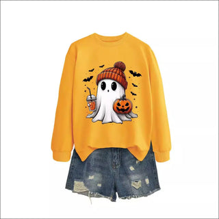 Fashion Long Sleeve Milk Tea Pumpkin Bat Printed Crew Neck