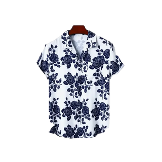 Elegant Floral Shirt: Short-sleeved women's button-up shirt with a bold floral print in navy on a white background, featuring a collar and modern styling.