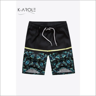 Stylish printed color block lace-up athletic shorts from K-AROLE, featuring a black base with a vibrant floral design.