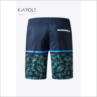 Navy blue printed color block lace-up athletic shorts with floral pattern by K-AROLE, a leading women's fashion sneaker and athleisure brand.