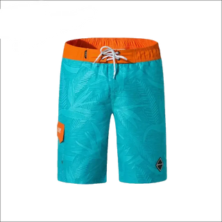 Bright teal and orange printed athletic shorts with a drawstring waist and contrast trim, showcased on a black background.