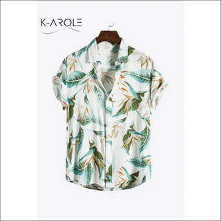 Tropical floral printed curved hem women's shirt on clothing display at K-AROLE store