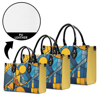 Elegant PU leather tote bags in a vibrant geometric pattern, ideal for fashionable women's daily use.