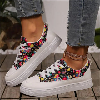 Halloween Skull Print Lace-up Canvas Shoes For Women