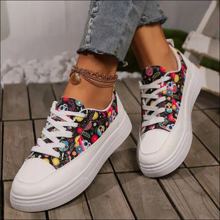 Halloween Skull Print Lace-up Canvas Shoes For Women