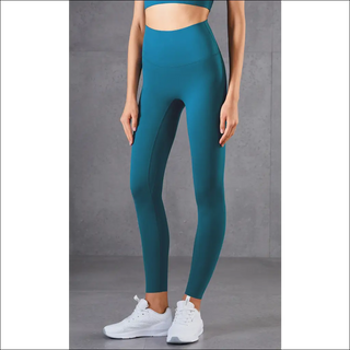 Sleek athletic teal leggings with high-waisted design, ideal for an active lifestyle.