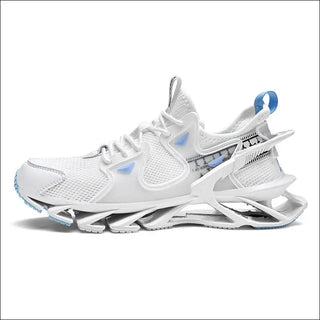 Stylish men's athletic sneakers with a white and blue colorway. The sneakers feature a breathable mesh upper, sleek design, and supportive features for enhanced performance. The unique outsole provides excellent traction and shock absorption for an active lifestyle. This modern and sporty footwear is perfect for various activities, from running to everyday casual wear.