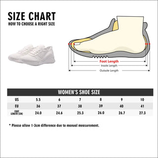 Fashionable women's training shoes with supportive design displayed on a size chart for K-AROLE. Explore the latest in women's fashion sneakers at K-AROLE.