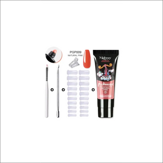 Acrylic gel kit with clear camouflage color nail tips, UV gel slice brush, and nail art tools for professional manicures from K-AROLE.