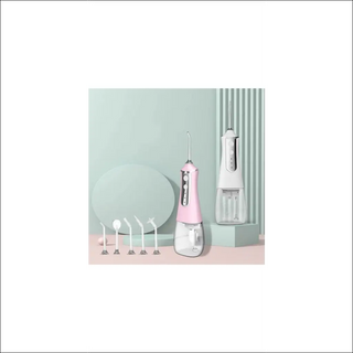 Portable dental water flosser with various cleaning modes for a refreshed smile, set against a stylish pastel backdrop.