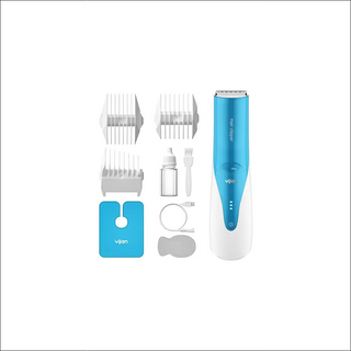 Compact cordless hair clipper with adjustable combs for precise home haircuts. Sleek blue design with multiple attachments for versatile styling. Powerful grooming tool for maintaining neat, trimmed hair.