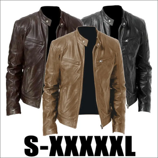 Stylish black leather jacket with zipper pockets and collar, perfect for a sophisticated gentleman's casual outfit.