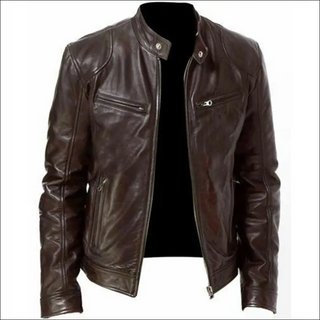 Stylish men's brown leather jacket with zipper pockets and a clean, sophisticated design, perfect for completing a modern, casual outfit.