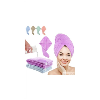 Soft microfiber hair towel wrap in vibrant purple color, highly absorbent for quick drying, shown with additional colored towels, promoting comfortable and convenient hair care.