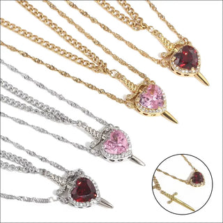 New Heart And Sword Necklace Set Gold Color Stainless Steel