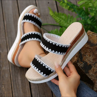 New Hemp Rope Woven Wedge Slippers Summer Ethnic Style Sandals Double Wide Strappy Shoes For Women - K - AROLE