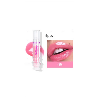 Glossy pink lip gloss set with shimmery color, ideal for enriching and hydrating lips.