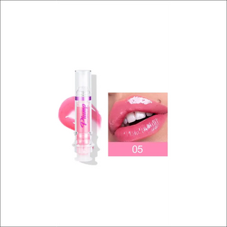 Vibrant pink lip gloss with shimmering effect, showcasing a rich, slightly spicy lip color and a mirrored, glossy finish.