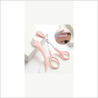 Eyebrow Trimming Knife Set for Women, featuring pink scissors and grooming tools displayed on a white background.