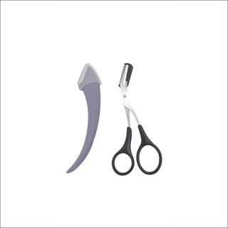 Precision eyebrow trimming knife set with sharp blades and comb for grooming.