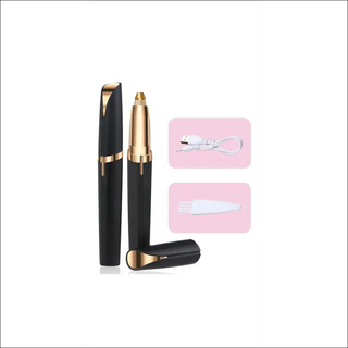 Portable electric eyebrow trimmer with shaping pencil, discreet black design, and gold accents for precise hair removal.