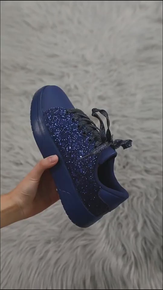 Stylish blue glitter sneakers with thick soles - trendy, casual fashion shoes for women