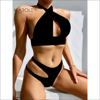 Sexy Leopard Print Hollow Bandage Bikini - Black / L -