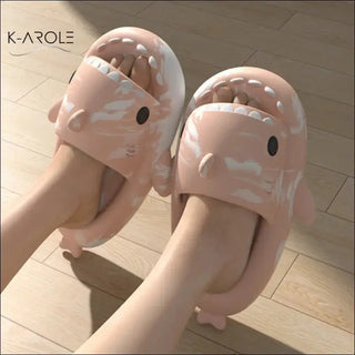 Shark-themed tie-dye bathroom slippers with cute faces, ideal couple house shoes for women from the K-AROLE brand.