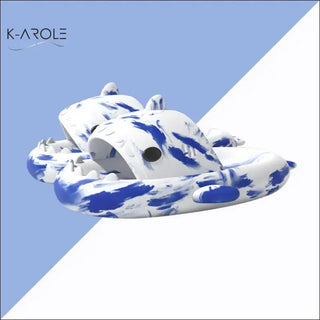 Trendy tie-dye shark slippers from K-AROLE, a cozy and stylish footwear option for women.