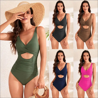 Solid Color Cross Pack Pleating High Waist Swimsuit - K-AROLE