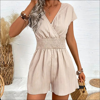 Solid Color Jacquard Striped Blouse Cross Collar Jumpsuit - K - AROLE