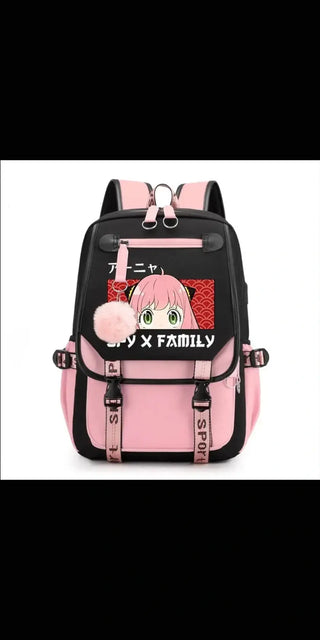 Trendy black and pink backpack with anime character decals, ideal for students and fashion-conscious youth. The backpack features multiple pockets and straps, making it a practical and stylish accessory.