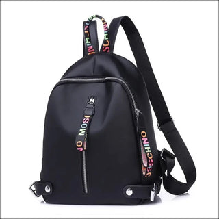 Stylish Backpack with Bold Lettering Straps
This image shows a trendy black backpack with vibrant, multicolored lettering straps. The backpack features a sleek, minimalist design with a zipper closure and a compact, portable size, making it a fashionable and functional accessory for daily use.