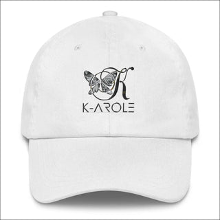 White baseball cap with K-AROLE logo and butterfly graphic