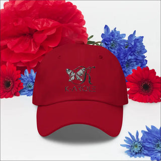 Vibrant red and blue floral arrangement with a red K-AROLE branded dad hat in the center, featuring an embroidered butterfly logo.