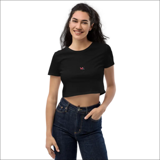 Stylish Cropped Black Tee with Butterfly Design