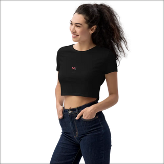 Stylish Cropped Black Tee with Butterfly Design