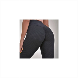 Textured black fitness leggings with high waistband for women's active lifestyle.