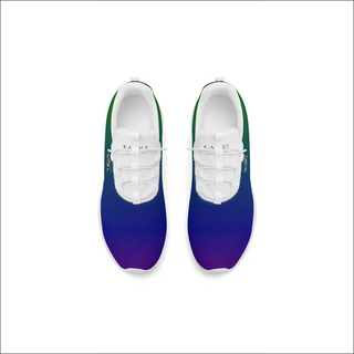 Vibrant Women's Fashion Sneakers: Stylish lace-up running shoes in a bold, gradient blue and green color palette, designed for active wear and casual everyday style.