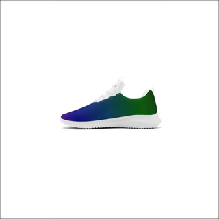 Stylish women's running shoes with a colorful gradient design featuring blue, green, and white tones. The low-profile sneakers have a lace-up front for a secure fit, showcasing a modern and sporty aesthetic perfect for active lifestyles.