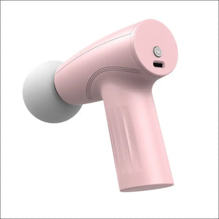 Sleek and modern pink fascial massage gun with a minimalist design, showcasing its portability and convenience for therapeutic muscle relief.