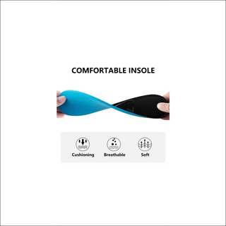 Comfortable blue and black sneaker insoles with text highlighting features like cushioning, breathability, and softness.